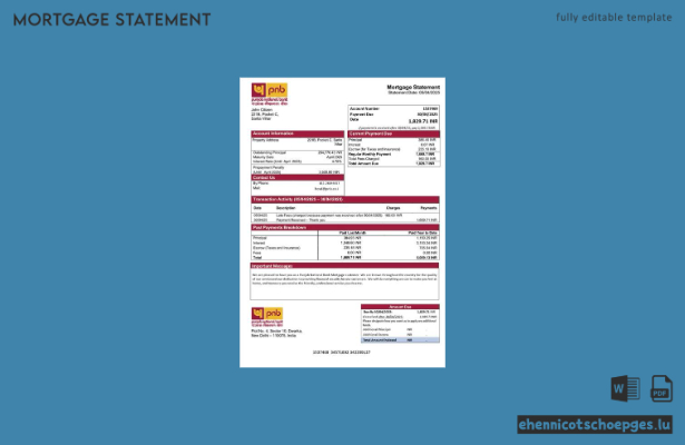 Beispiel eines Hypothekenauszugs der Punjab National Bank (Indien) als Word- und PDF-Datei (Vorschau)